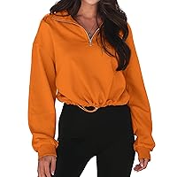 MEROKEETY Women's Quarter Zip Crop Sweatshirt Long Sleeve Stand Collar Drawstring Casual Pullover Top