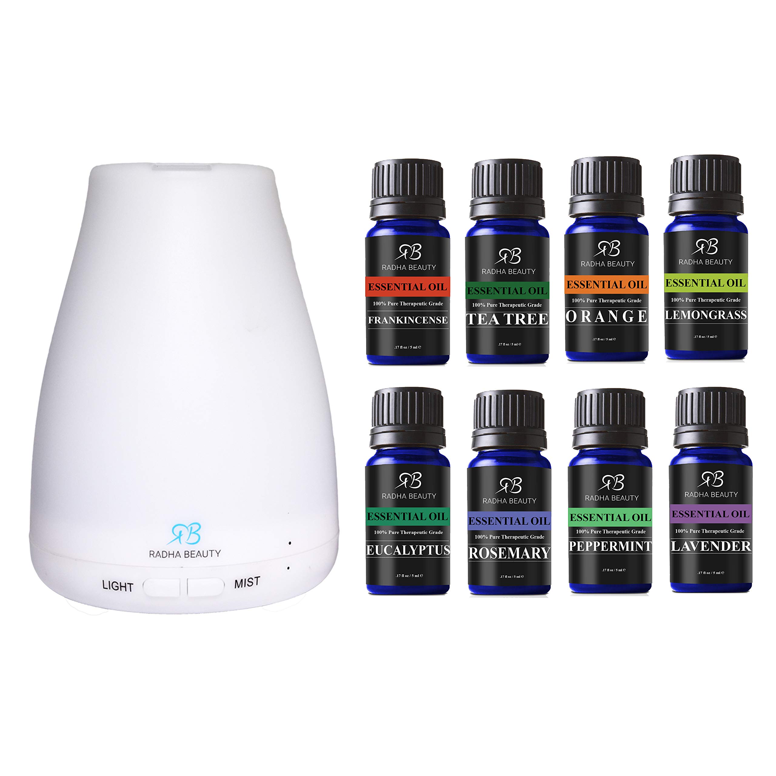 Aromatherapy Top 8 Essential Oil and Diffuser Gift Set - Peppermint, Tea Tree, Lavender & Eucalyptus - Auto Shut-off and 7 Color LED Lights - Therapeutic Grade Oils by Radha Beauty