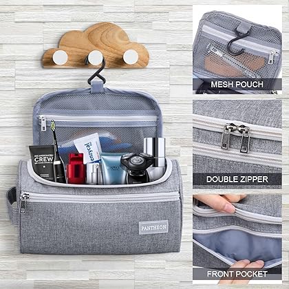 Pantheon Men's Toiletry Bag - Travel Toiletry Bag Wash Bag Hanging Dopp Kit Shaving Kit for Bathroom Shower - Mens Travel Bag Hanging Toiletry Organizer Toiletry Kit for Traveling (Grey)