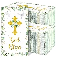 100Pcs Greenery Religious Paper Napkins Baptism Cross Guest Towel First Communion Holy Christening Party Hand Napkins God Bless Disposable Napkins for Kids Boys Girls Baptism Party