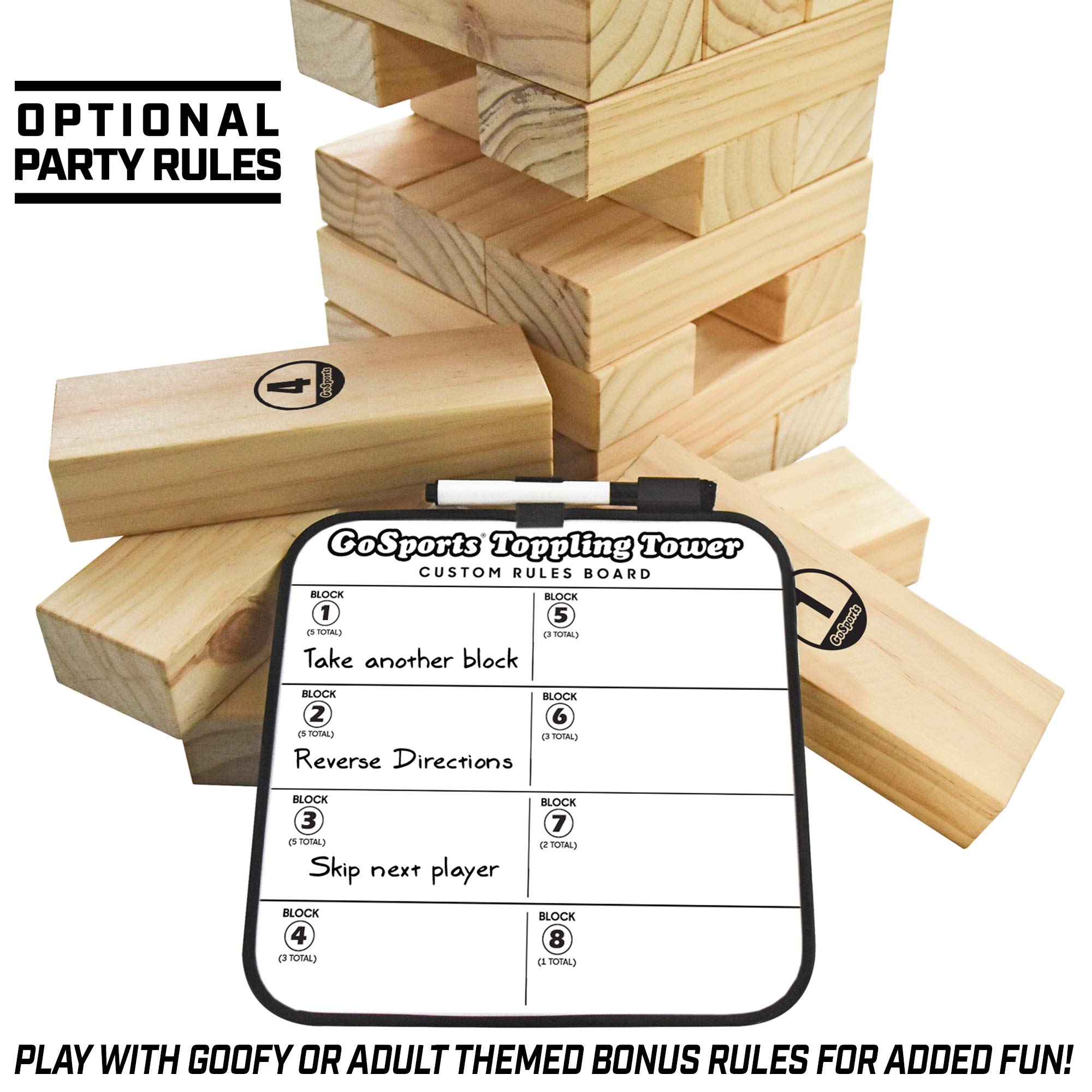 GoSports 5 ft Giant Wooden Toppling Tower - Includes Bonus Rules with Gameboard - Choose Your Style