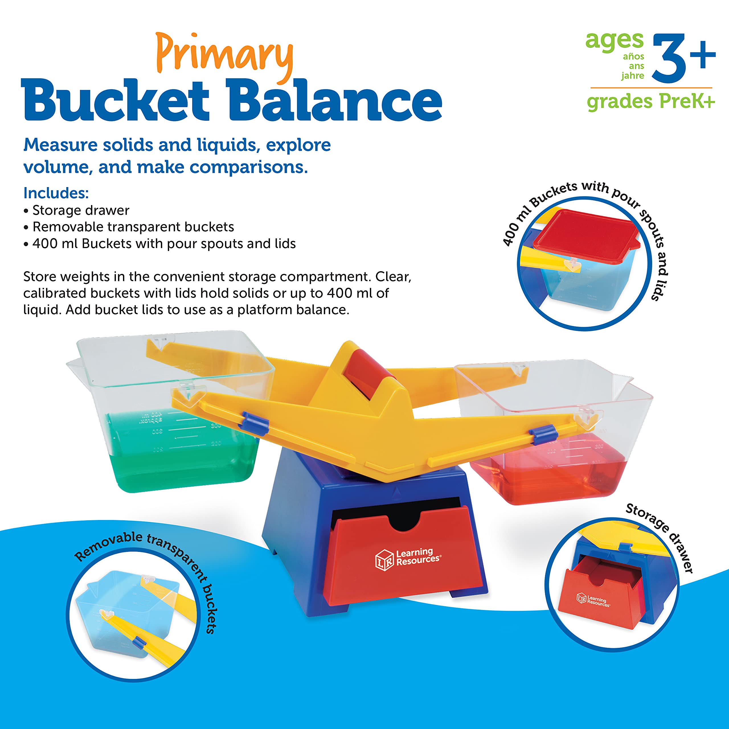 Learning Resources Primary Bucket Balance Teaching Scale - 1 Piece, Ages 3+, Math for Preschoolers, Classroom Balance Scale, Balance Scale for Kids, Science for Kids,Back to School Supplies