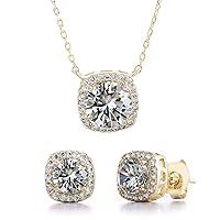 Stud Halo Cushion Shaped Earrings for Women and 18 Inch Necklace for Women Jewelry Set made with Faceted Crystals