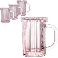 Lysenn Glass Coffee Mugs Set of 4 - Classic Vertical Stripe Tea Mug - Elegant Coffee Cup with Glass Lid for Latte, Espresso - Lovely Gift for Christmas, Anniversary and Birthday - 11 oz Pink