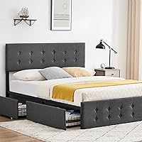 Queen Bed Frame with Storage,Grey Queen Bed Frame with Drawers, Upholstered Queen Bed Frame with Headboard and Wooden Slats Support No Box Spring Needed (Queen)