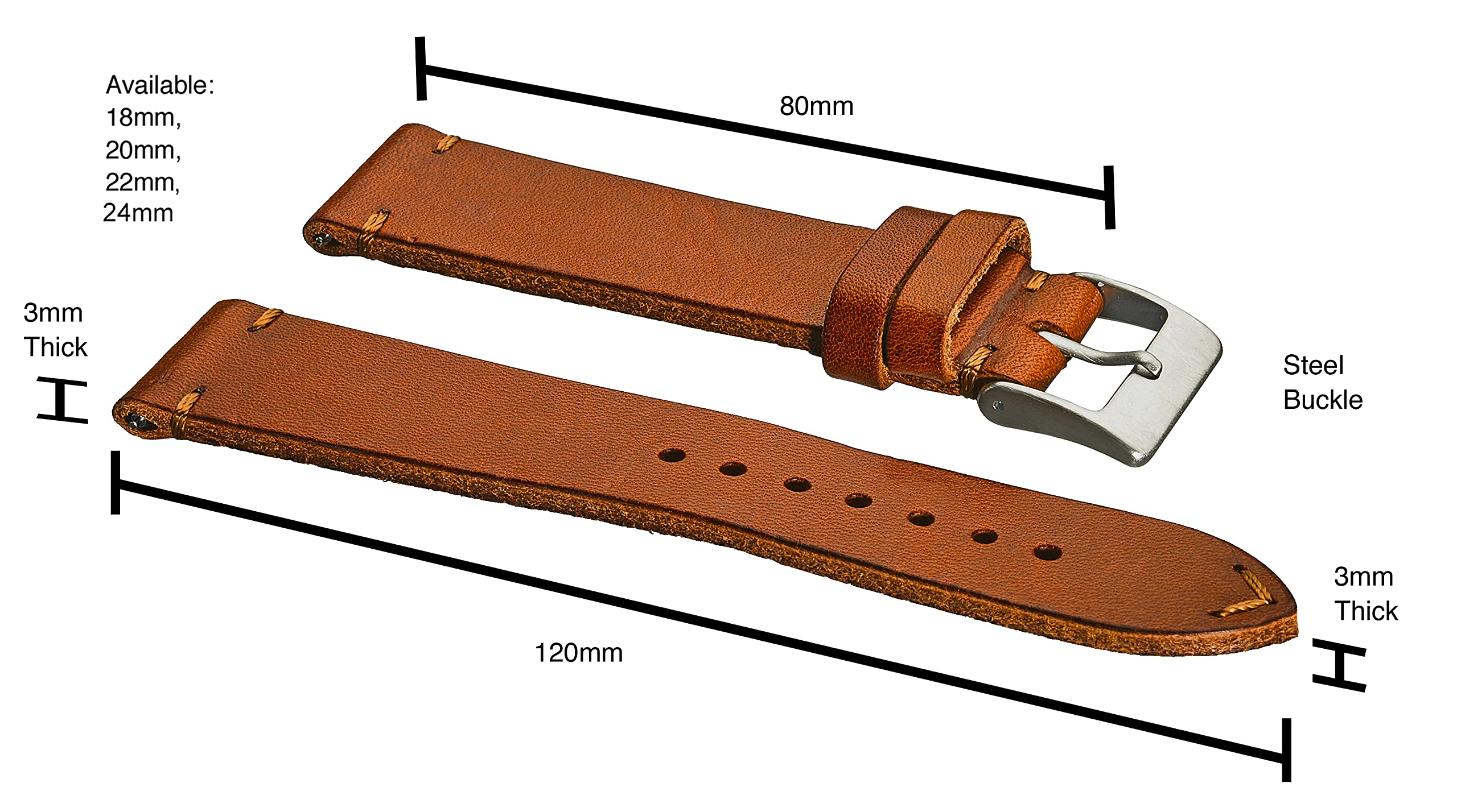 ALPINE Hand Made Genuine Vintage Leather Watch Strap with Quick Release Steel Spring Bars - Black, Brown, Grey, Blue and Tan in Sizes 18mm, 20mm, 22mm, 24mm (fits Wrist Size 6 1/4 inch to 8 inch)