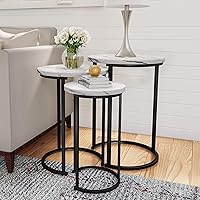 Set of 3 Round Living Room End Tables – Modern Faux Marble Top and Black Metal Base Nesting Tables or Nightstands (White)