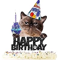 Cat Happy Birthday Cake Topper - Pet themed Party Black Glitter Decoration Supplies