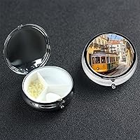 Round Pill Box Pill Case Weekly Pill Organizer with 3 Compartments Lisbon Tram Pillbox Small Pill Container Portable Vitamin Holder Boxes for Supplements Medicine Organizer for Pill