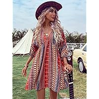 Women's Dress Dresses for Women Geo Print Batwing Sleeve Smock Dress (Color : Multicolor, Size : Small)