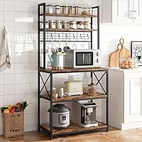 IDEALHOUSE Kitchen Bakers Rack, Microwave Oven Stand with Large Storage, Industrial Coffee Bar Station, 5-Tier Kitchen Utility Storage Shelf with 6 Hooks for Spice, Pots Organizer, Rustic Brown