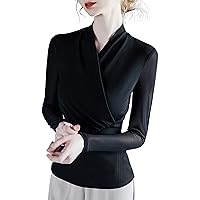 Women's Mesh Tops Fashion Sexy Crossed V Neck Long Sleeve Pleated Patchwork Stretchy Blouses Elegant Work Shirts
