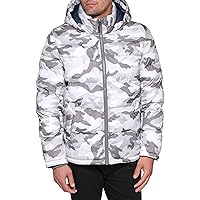 Tommy Hilfiger Men's Hooded Puffer Jacket, White Camouflage, Medium