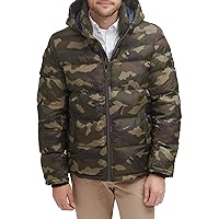 Tommy Hilfiger Men's Hooded Puffer Jacket, Olive Camouflage, Large