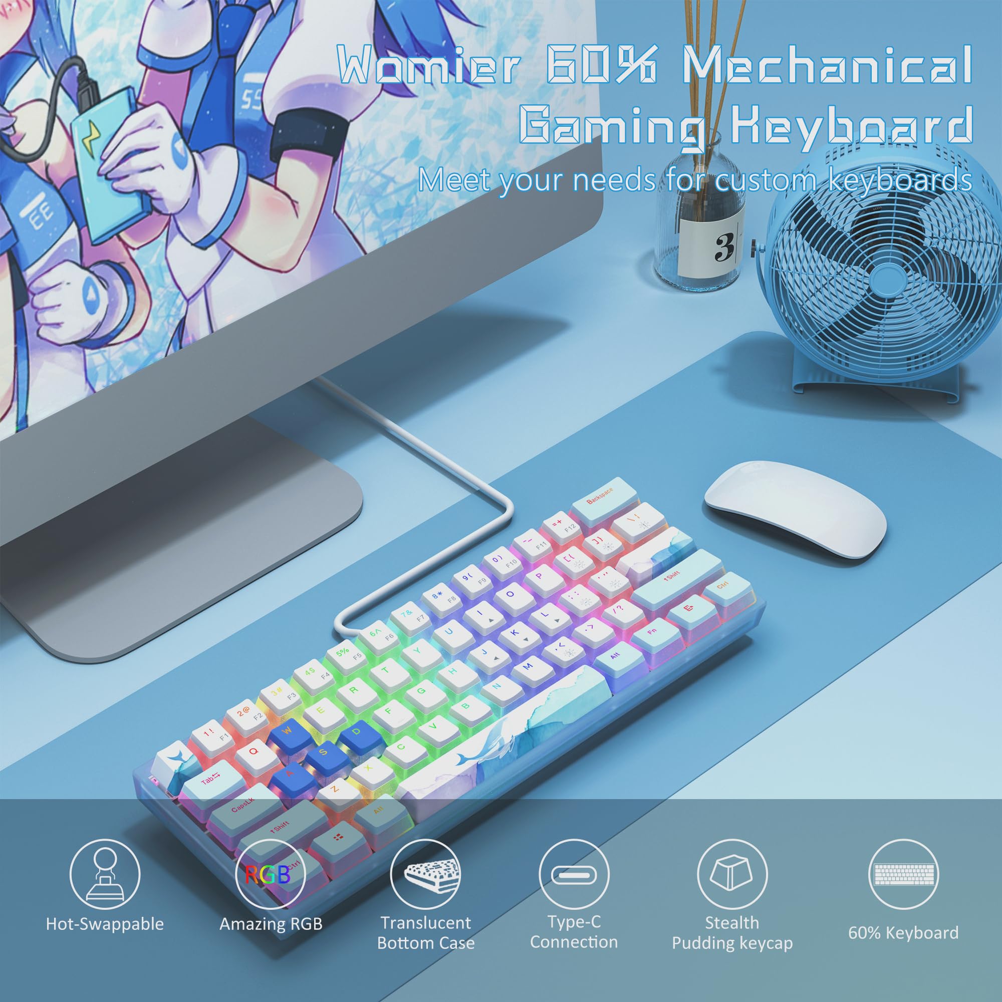Womier WK61 60% Keyboard, Hot-Swappable Keyboard Ultra-Compact RGB Gaming Mechanical Keyboard w/Pudding Keycaps, Linear Red Switch, Pro Driver/Software Supported - Glacier Blue