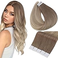 Full Shine Tape in Hair Extensions Human Hair Blonde 22Inch Color 8 Ash Brown Fading to 60 Platinum Blonde and 18 Ash Blonde Hair Extensions Tape in 20Pcs 50g Tape in Hair Extensions For Women