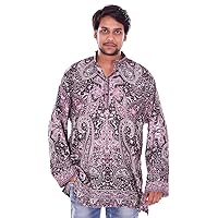 Indian Men’s Kurta Shirt loose fit Pashmina Silk Hand loom Plus Size Paisley Print Black Color