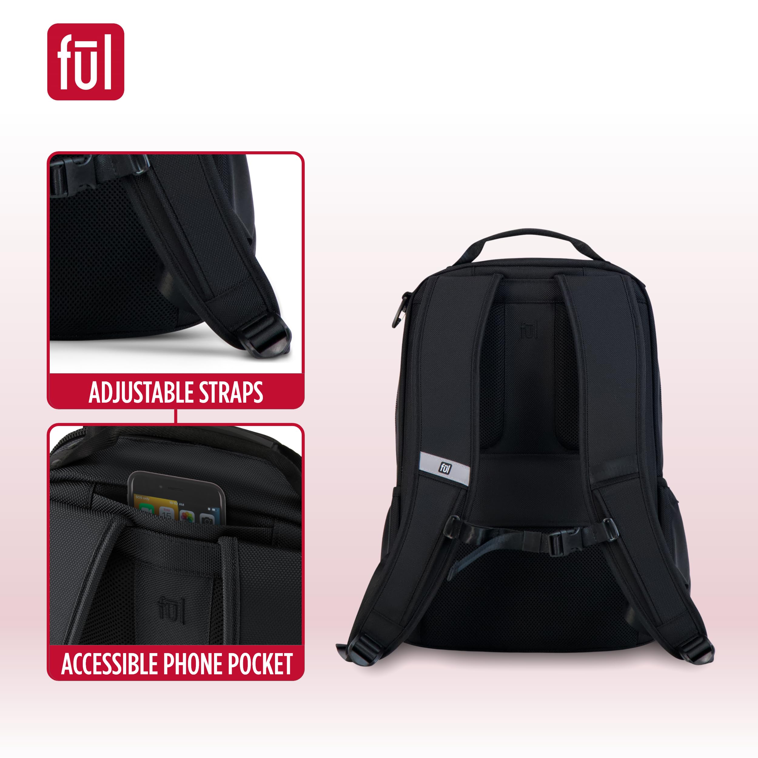 FUL Tactics Collection 15 Inch Laptop Backpack, Phantom Padded Computer Bag for Commute or Travel, Black