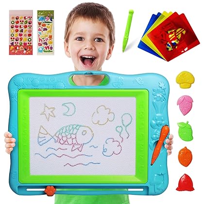 Gamenote Extra Large Magnetic Drawing Board 18×13 with Stamps & Stencils & Replacement Pen - Education Doodle Toys for Kids, Colorful Erasable Magnet Writing Sketching Pad for Toddlers Learning (Blue)