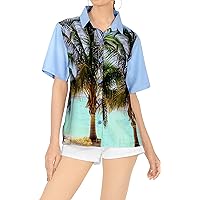 HAPPY BAY Hawaiian Shirts Womens Summer Beach Party Blouse Shirt T-Shirt Colorful Blouses Button Up Short Sleeve Vacation Dress Tee Shirts Tops for Women M Digital Palm Tree, Blue