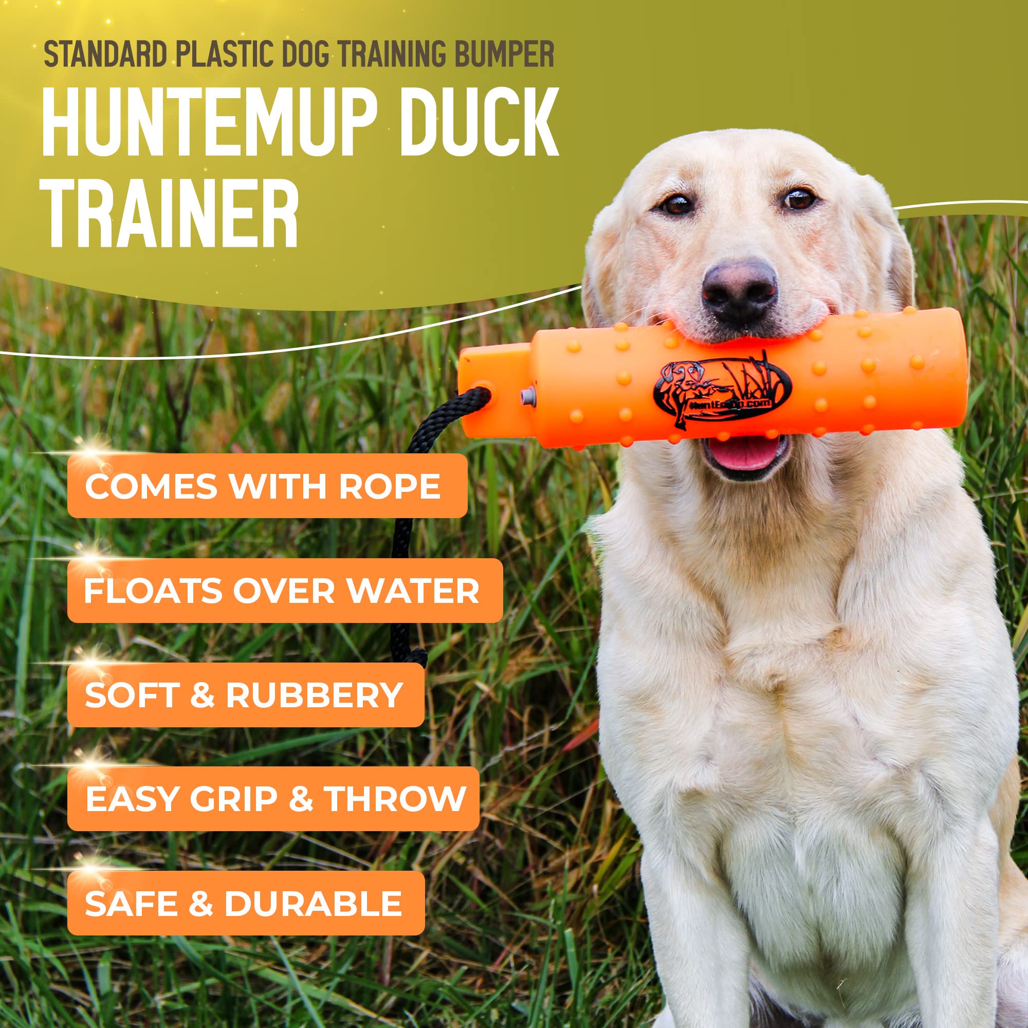 HuntEmUp Standard Size Plastic Dog Training Bumper with Throw Rope Dog Retrieving Dummy Duck Dog Hunting Training Tool Highly Visible Dog Float Toy – Orange - White/Black