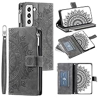 Phone Flip Case Wallet Case Compatible with Samsung Galaxy S22 5G with Card Slot Case,Zipper Leather Case,Magnetic Closure Flip Case Embossed Floral Leather Cover with Detachable Crossbody Strap phone