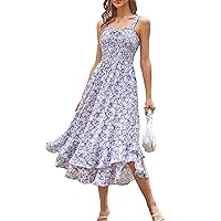 Women's 2024 Summer Floral Boho Dress Square Neck Strapped Swing A Line Beach Long Maxi Dress