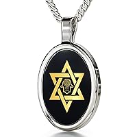 Jewish Star of David Hamsa Necklace with Hebrew Psalm 91:11 Inscribed in 24k Gold on Onyx Stone Pendant, 18