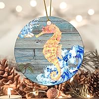 Antique Seahorse Christmas Ornament Sea Wave Ceramic Ornament Ocean Sea Life Nautical Coastal Collectible Holiday Keepsake for Couples 3 Inch with Gold String
