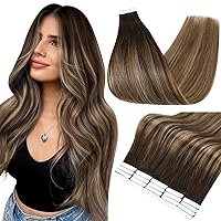 Fshine Balayage Tape in Hair Extensions 14inch Black Rooted Balayage Hair Extensions for Short Hair Dark Brown and Blonde Tape in Hair Extensions 20Pcs 50Grams