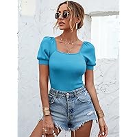 Women's Tops Shirts Sexy Tops for Women Knit Mix Puff Sleeve Square Neck Knit Top Shirts for Women (Color : Blue, Size : Small)