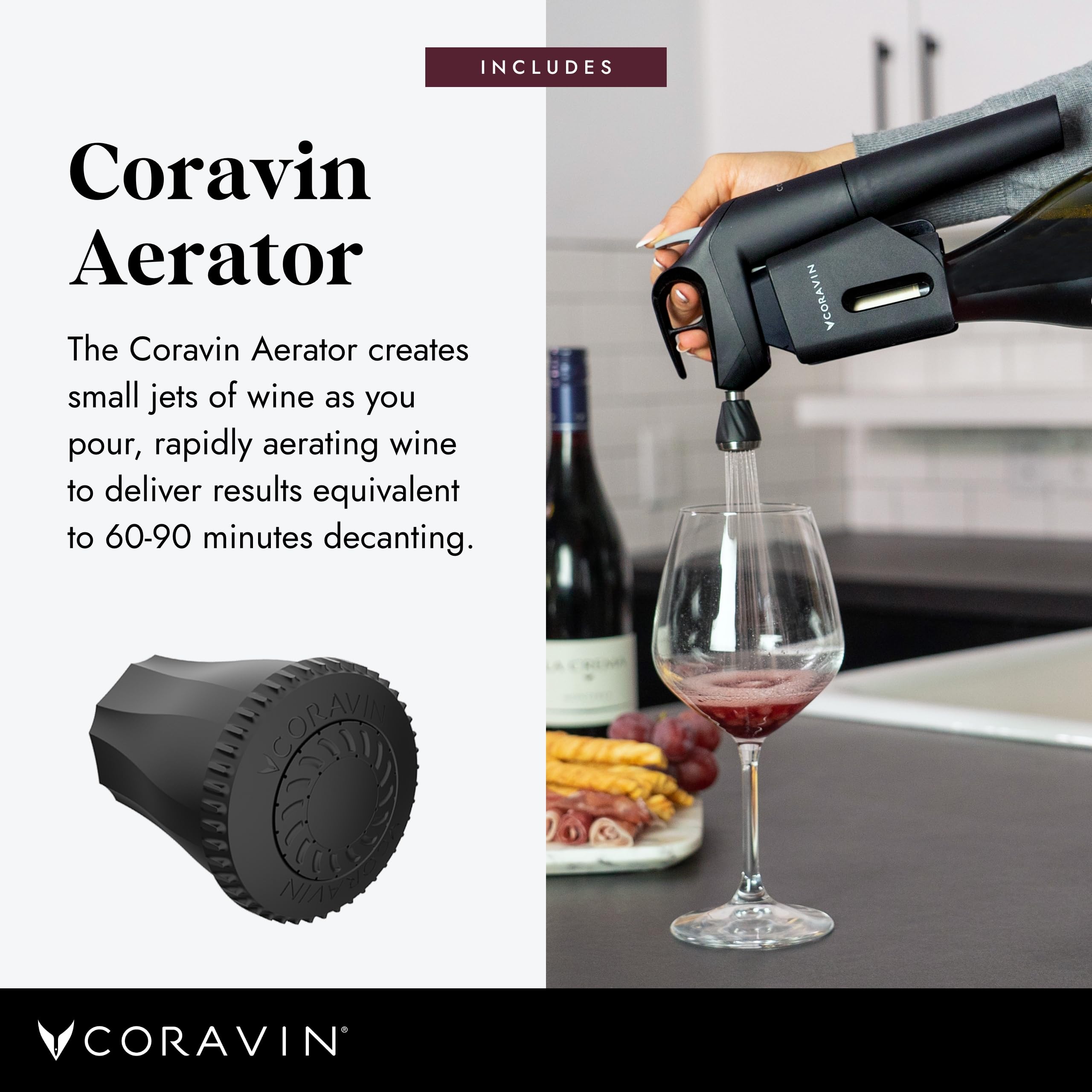 Coravin Timeless Three Plus Wine Preservation System - Preserve Wine for Years - Oprah's Favorite Things 2022 - By-the-Glass Wine Saver - With 2 Argon Gas Capsules & Wine Aerator - Black
