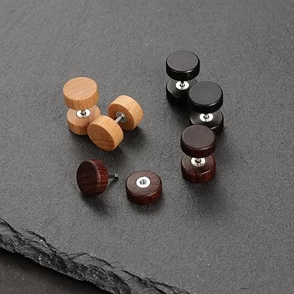 Charisma 16G Wood Faux Gauges Plugs Earrings For Men Women Wooden Fake plugs Gauge Studs Circle Flat Back Cheater Tunnel Dumbbell Earrings Women (3 Pairs,8mm,10mm)