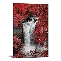 iKNOW FOTO Red Waterfall Canvas Wall Art Decor Vertical Decorative Prints Forest Landscape Picture for Living Room Kitchen Bedroom Office Home Decor Gift 24x36