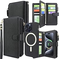 Harryshell Detachable Magnetic Case Wallet for iPhone 15 Pro Compatible with MagSafe Wireless Charging Protective Phone Cover Multi Card Slots Cash Coin Zipper Pocket Wrist Strap (Black)
