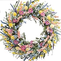 24 Inch Spring Summer Colorful Flower Wreath for Front Door, Forsythia Lavender Wild Flowers Wreath for Home Decor, Colorful Wild Flowers with Green Leaves Wreath for Everyday