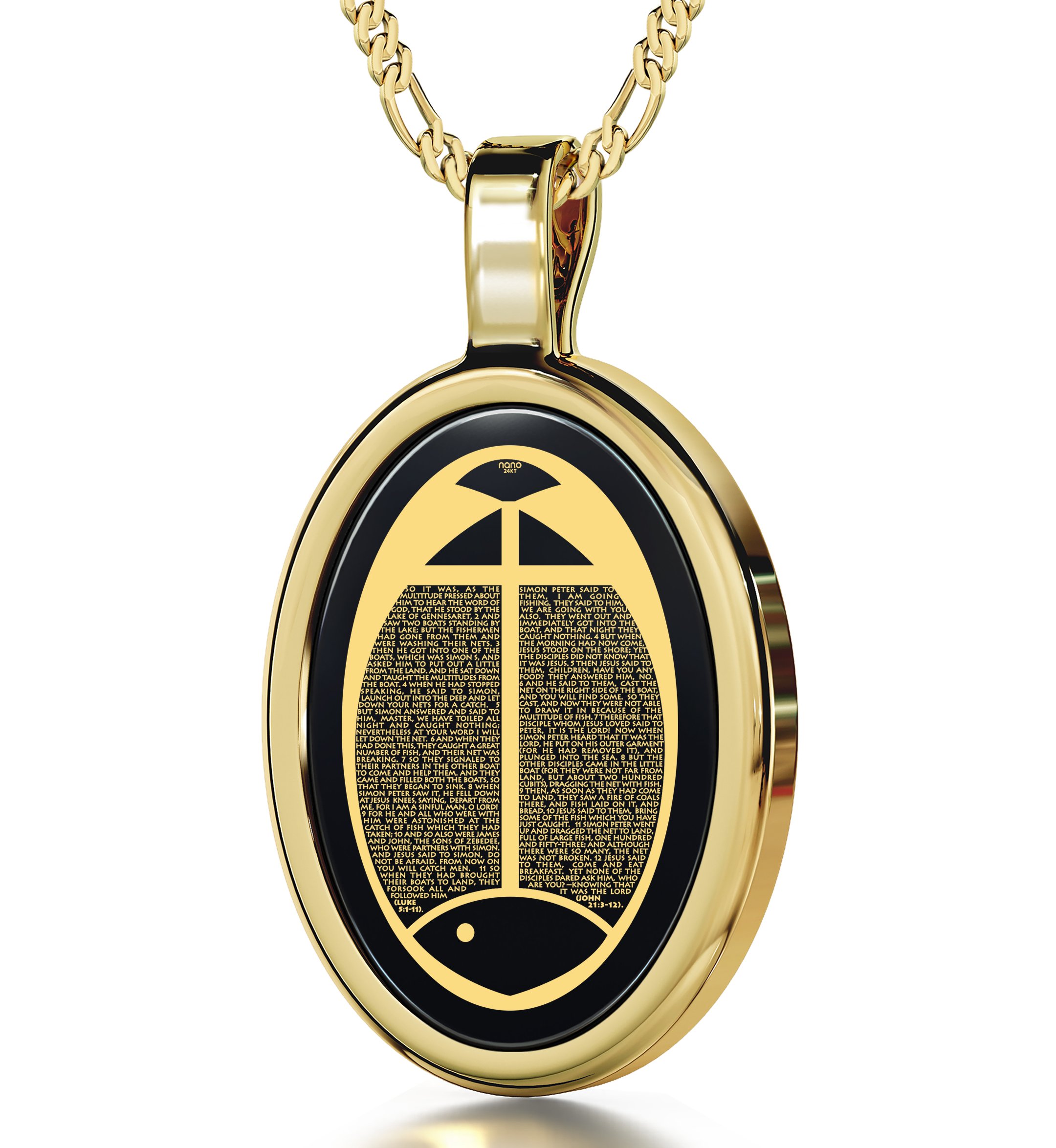 Nano Jewelry Christian Cross Necklace - Fish Pendant Inscribed with Luke 5:1-11 and John 21:3-12 in 24k Gold on Oval Black Onyx Stone, 18