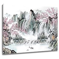 LB Mountain Landscape Wall Art Pink Flower Cherry Blossom Framed Canvas Wall Art for Living Room Japanese Chinese Ink Painting Prints Pictures for Bathroom Bedroom Dorm Wall Decor,24Wx16L inches
