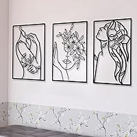 3 Pieces Metal Minimalist Woman Wall Hanging for Kitchen, Bathroom, Living Room (Black,Flower)