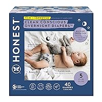 The Honest Company Clean Conscious Overnight Diapers | Plant-Based, Sustainable | Cozy Cloud + Star Signs | Club Box, Size 5 (27+ lbs), 40 Count