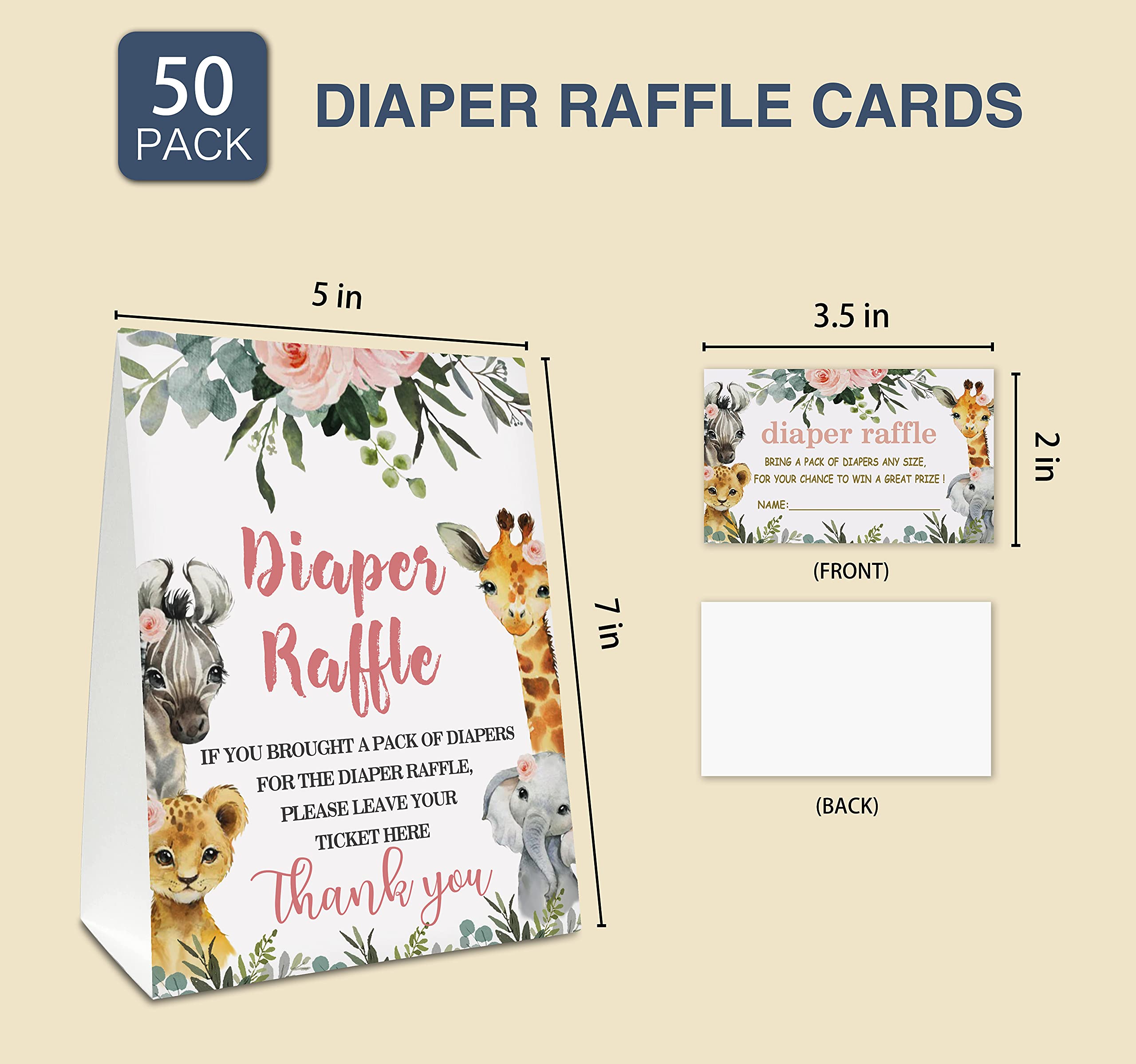 Yuansail Diaper Raffle Tickets For Baby Shower, Jungle Animal Themed Cards, Party Favors For Baby Showers Game Cards, 1 Sign & 50 Cards Per Pack – (bb002-niaobu)