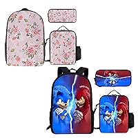 3Pcs Cartoon Backpack Set, Large Capacity Laptop Bag Anime Double Shoulder Backpack, Game Daypack with Lunch Box