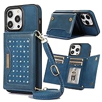 XYX Wallet Case for iPhone 15 Pro 6.1 Inch, Crossbody Strap PU Leather RFID Blocking Credit Card Holder Card Cases Women Girl with Adjustable Lanyard for iPhone 15 Pro, Blue