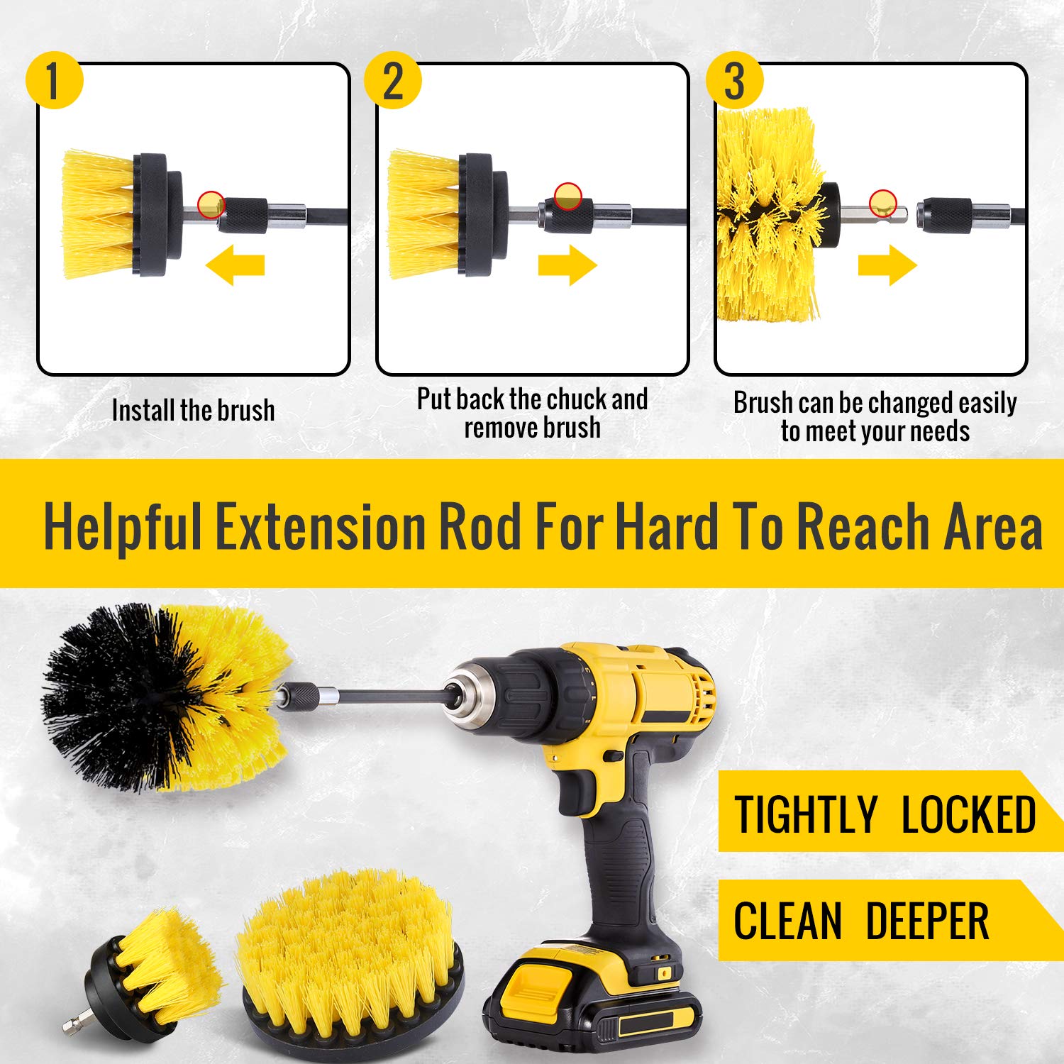 Hiware 4 Pcs Drill Brush Attachment Set - Power Scrubber Brush Cleaning Kit - All Purpose Drill Brush with Extend Attachment for Bathroom Surfaces, Grout, Floor, Tub, Shower, Tile, Kitchen and Car