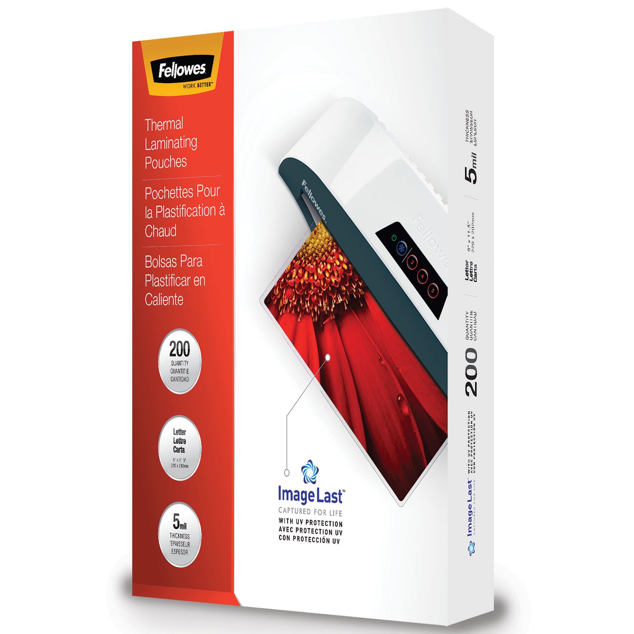 Fellowes Thermal Laminating Pouches, ImageLast, Jam Free, Letter Size, 5 Mil, 200 Pack (5245301)