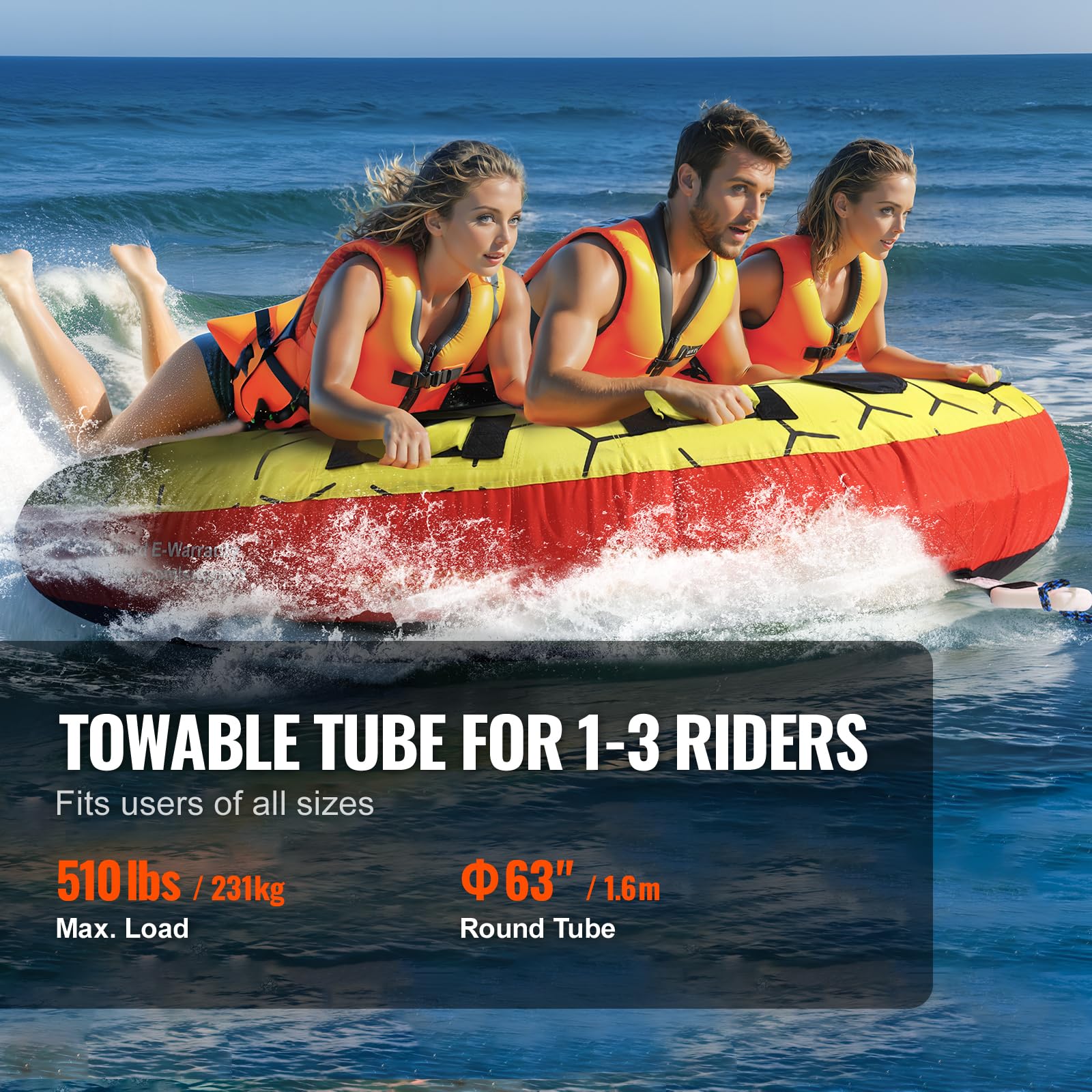 VEVOR Towable Tube for Boating, 1-3 Riders Inflatable Boat Tubes and Towables, 510 lbs, 63