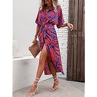 Dresses for Women - Allover Print Batwing Sleeve Belted Shirt Dress (Color : Multicolor, Size : X-Large)