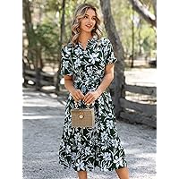 Dresses for Women - Allover Floral Print Puff Sleeve Ruffle Hem Belted Dress