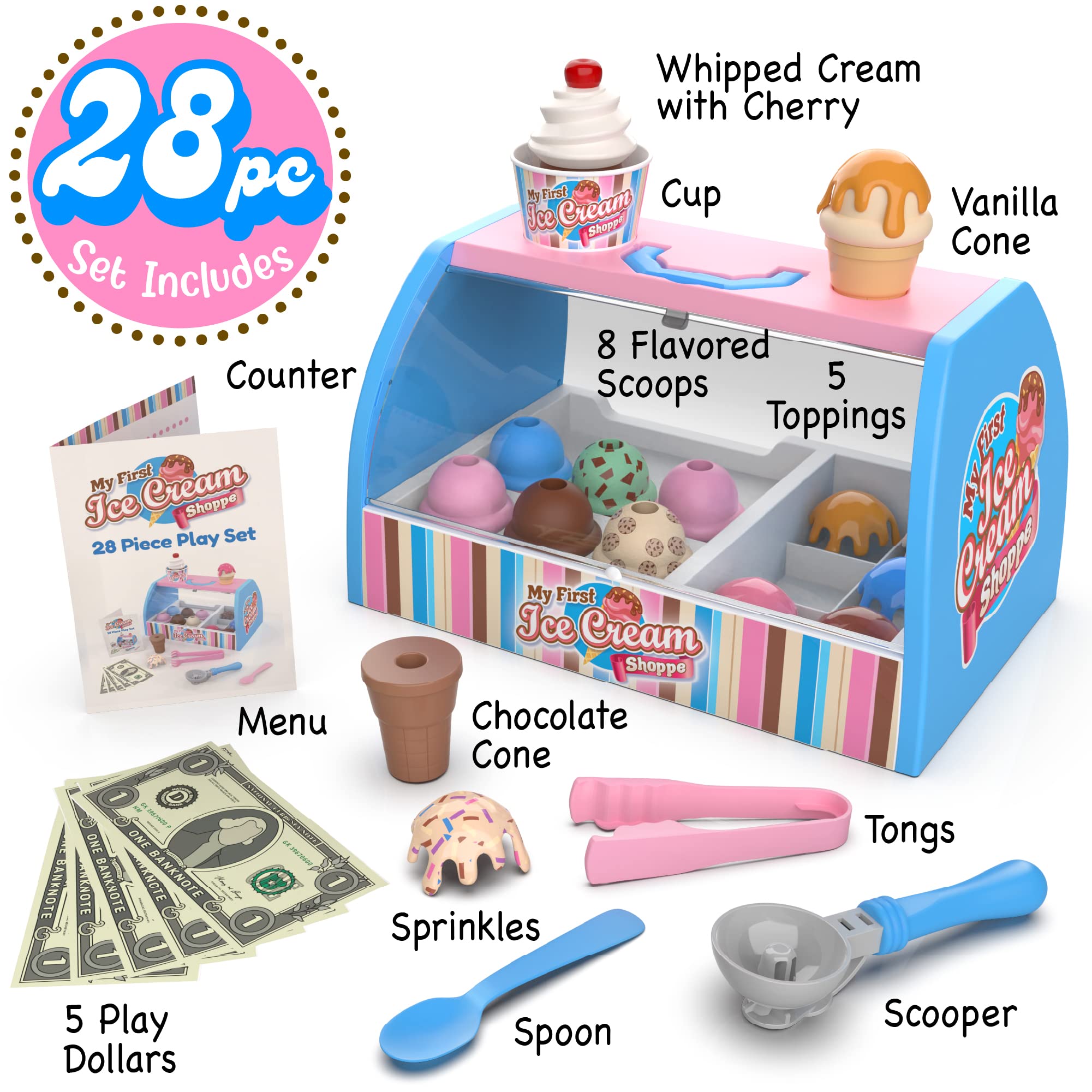 Ice Cream Counter Playset for Kids, Pretend Play (28 pcs) Best Gift for 3 4 5 6 Year Old Girl or Boy, Play Food Scoop and Serve, Toddler Toy