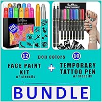Jim&Gloria 8 Face Painting Kit with Reusable Sticker Stencils Twistable Large Pen + Body Art Tattoo Pen 10 Colors With Gold and Silver